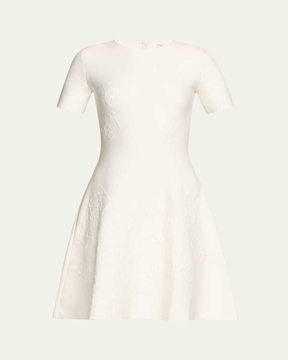 Floral Embroidered Short Cotton Tweed Shift Dress